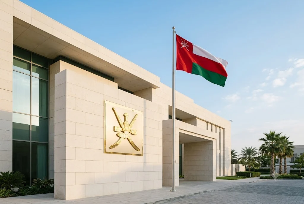 Polished golden crest and flag of the Sultanate of Oman outside a modern diplomatic building, representing the Oman Embassy services.