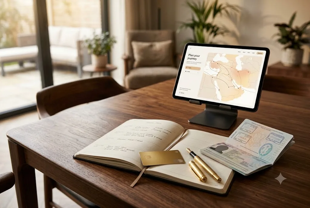 A credit card, passport, and digital tablet on a wooden table, representing the online payment and application process for an Oman tourist visa.