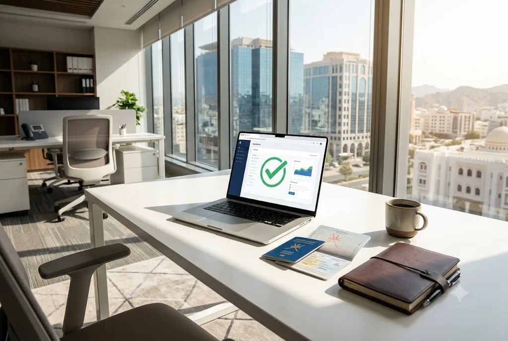 A laptop showing a successful checkmark next to a passport on a bright modern desk, representing an online Oman visa status check.
