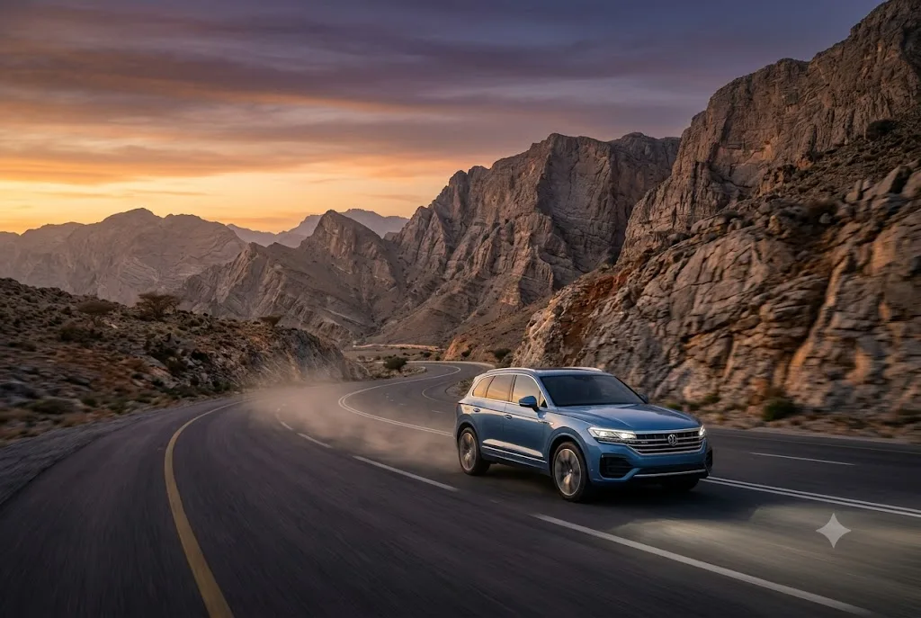 An SUV driving along a winding mountain highway at the UAE-Oman border during golden hour, highlighting a road trip journey.
