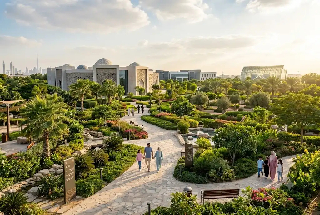 Visitors exploring quranic park and its landscaped gardens in Dubai