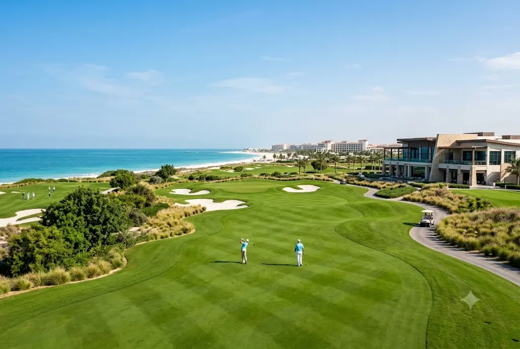 Golfers playing at saadiyat beach golf club with coastal views in Abu Dhabi