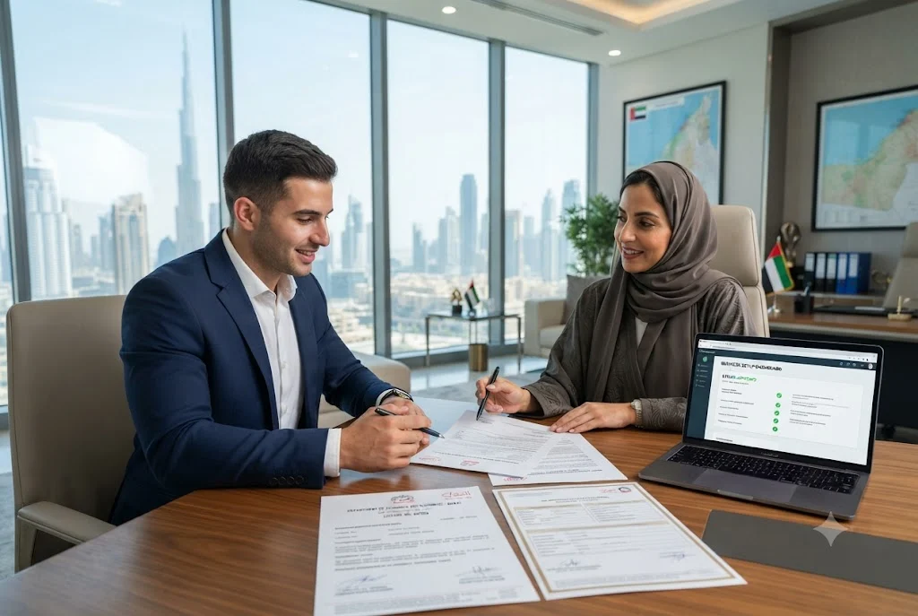 Entrepreneur discussing UAE business registration and compliance requirements with a business consultant in a modern Dubai office.