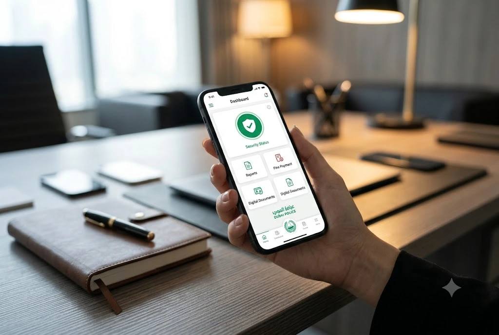 A person holding a smartphone running a travel ban status check via the official Dubai Police application dashboard.