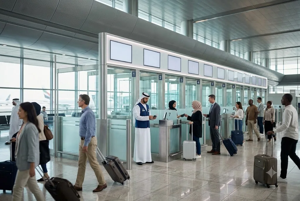 Passengers walking past modern immigration booths inside a Dubai terminal, representing the UAE visa ban and approval updates.