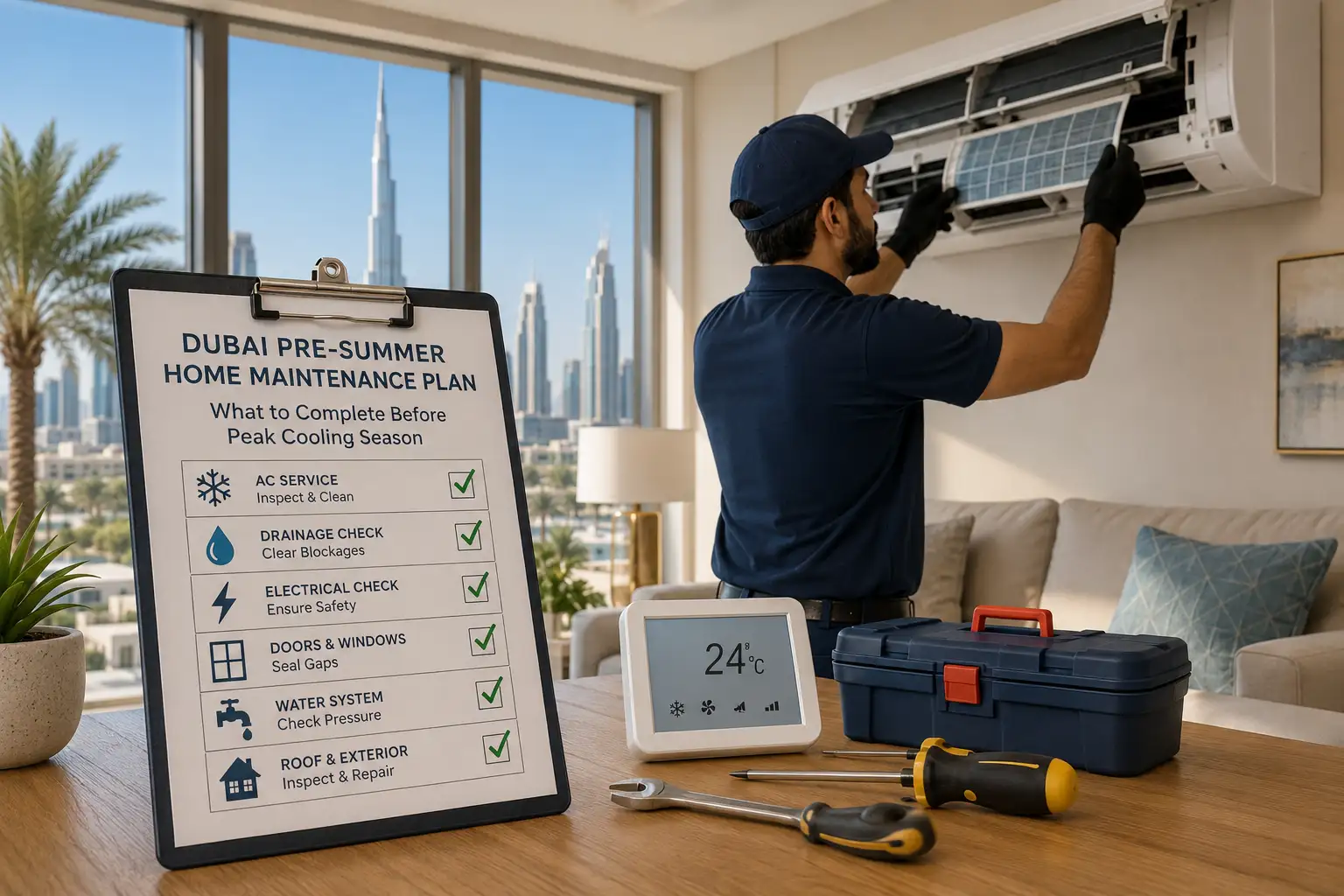 Technician carrying out a pre-summer home maintenance inspection at a Dubai villa