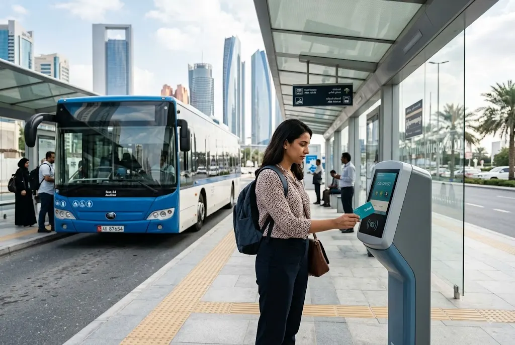 Hafilat bus card balance check at an Abu Dhabi public bus station
